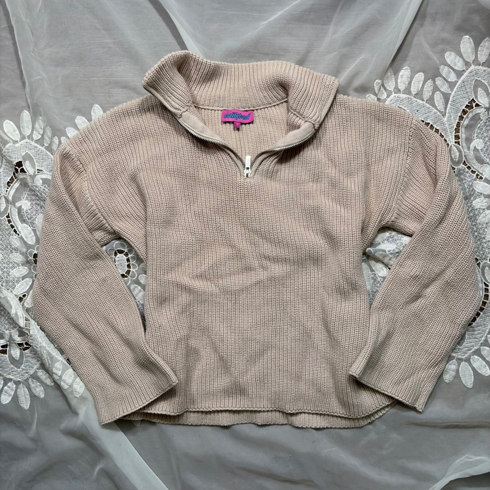 Edikted Womens Beige Ribbed Quarter Zip Pullover Sweater Size Small Tan 1168